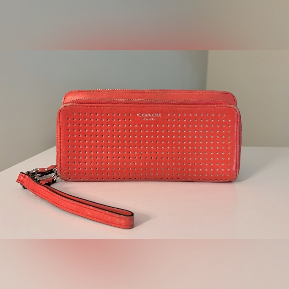 Coach Perforated Coral Zip Wristlet Wallet - Picture 1 of 10